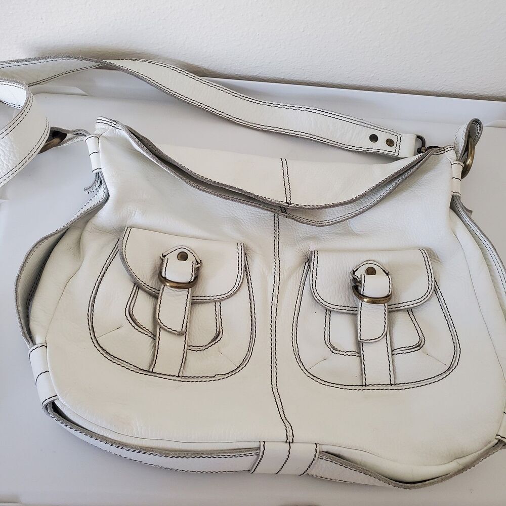 Oushka Vintage White Leather Shoulder Bag Hobo Purse W/ Front Pockets Crossbody